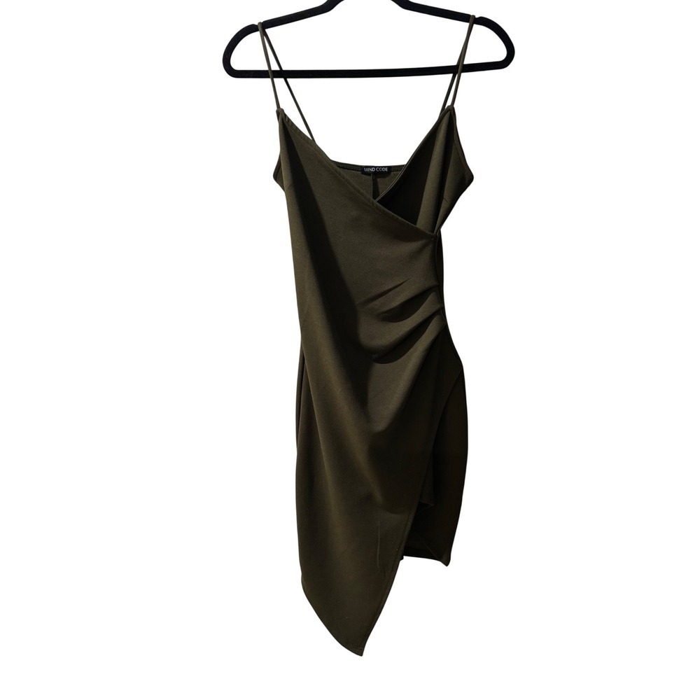 Mind Code Wrap Dress Womens S Olive Green Excellent Ruched Asymmetrical Mini - Picture 4 of 8